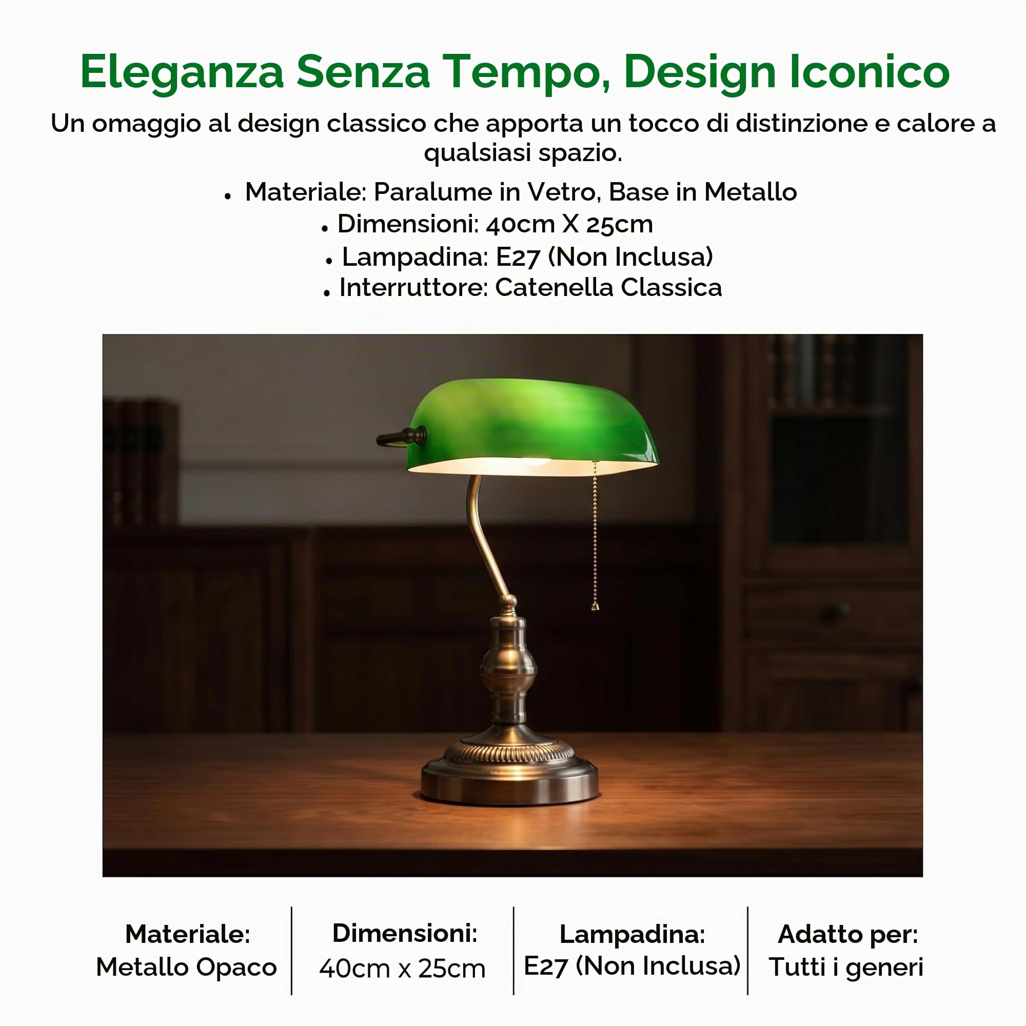 BARCELONA LED - Lampada da tavolo vintage "BANQUERO" con paralume in vetro verde - Base in nichel - Lampada da scrivania classica per ufficio e studio - Attacco E27