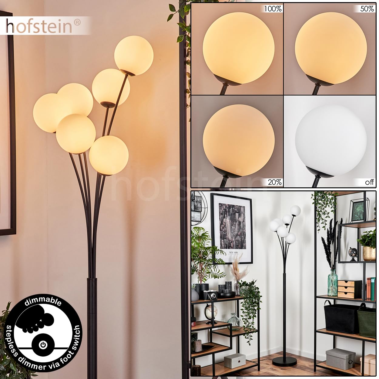 Stehleuchte Bernado, Stehlampe aus Metall/Glas in Schwarz/Weiß, Leuchte im modernen Retro/Vintage-Design mit Schirmen aus Glas (Ø 12 cm), dimmbar über Fußschalter, 6 x G9, ohne Leuchtmittel