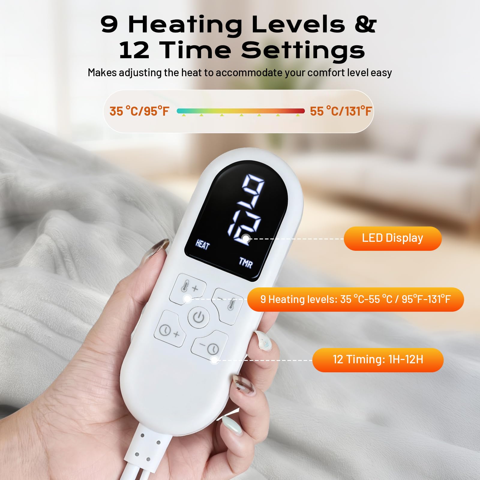 Manta eléctrica con apagado automático 130x160 cm, 8 niveles de calor hasta 55 °C y temporizador de 12 horas, Protección contra sobrecalentamiento, Manta doble para cama o sofá Lavable a máquina