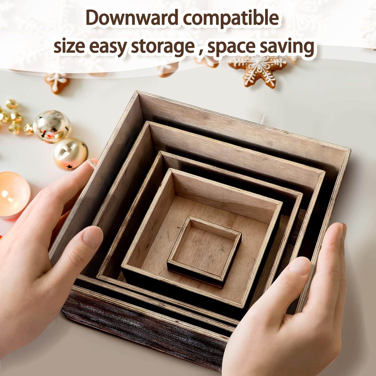 Roshtia 5 Pcs Wood Display Risers Rustic Cupcake Stand Torched Style Wooden Cake Stand Square Stackable Display Storage Box for Buffet Table Dessert Birthday Party