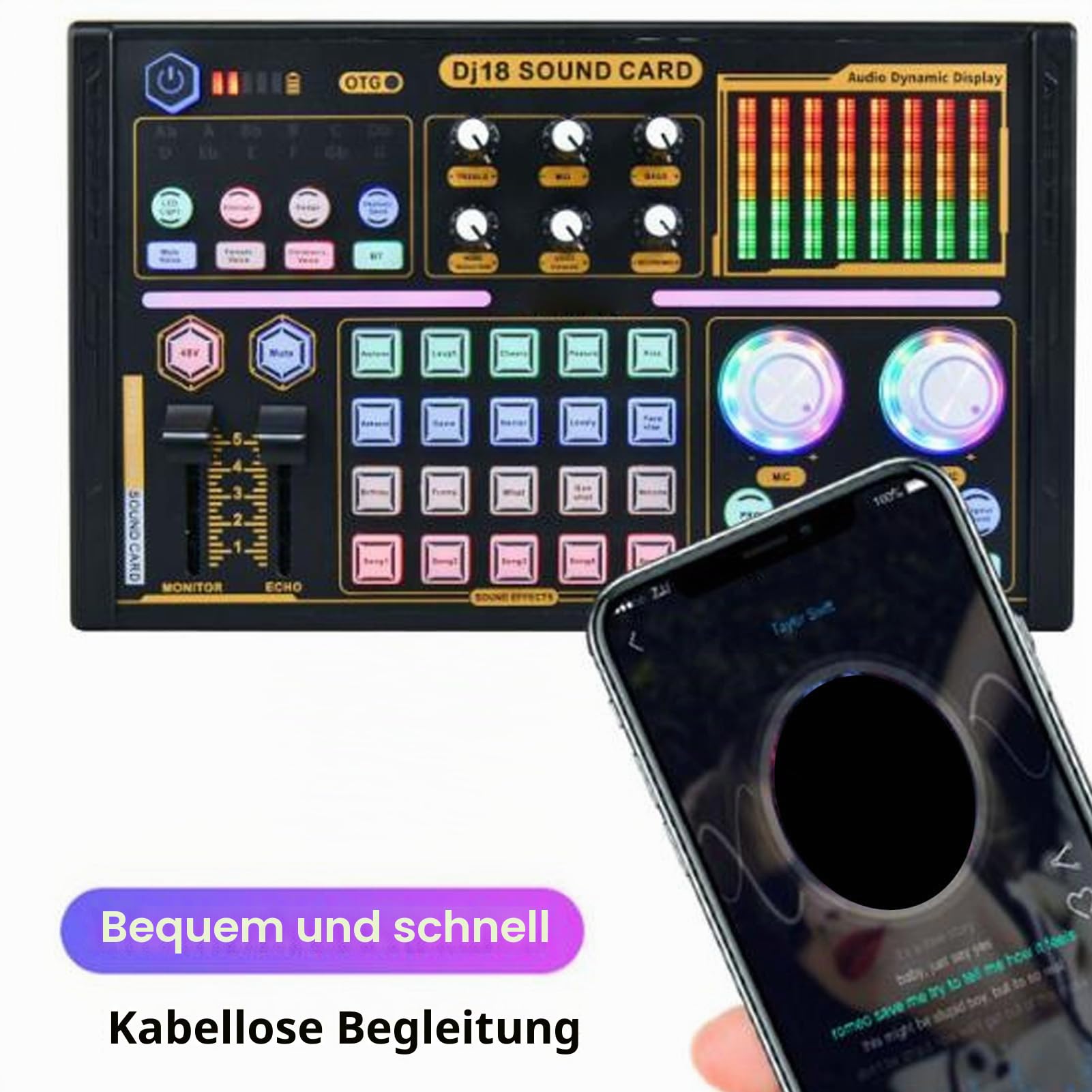 Fockety Professioneller Audiomixer, Live-Soundkarte und Audio-Interface mit Soundeffekten und Sprachwechsler, 48-V-Phantomspeisung-Bluetooth-Soundboard für Podcast-Aufnahmen,Live-Streaming