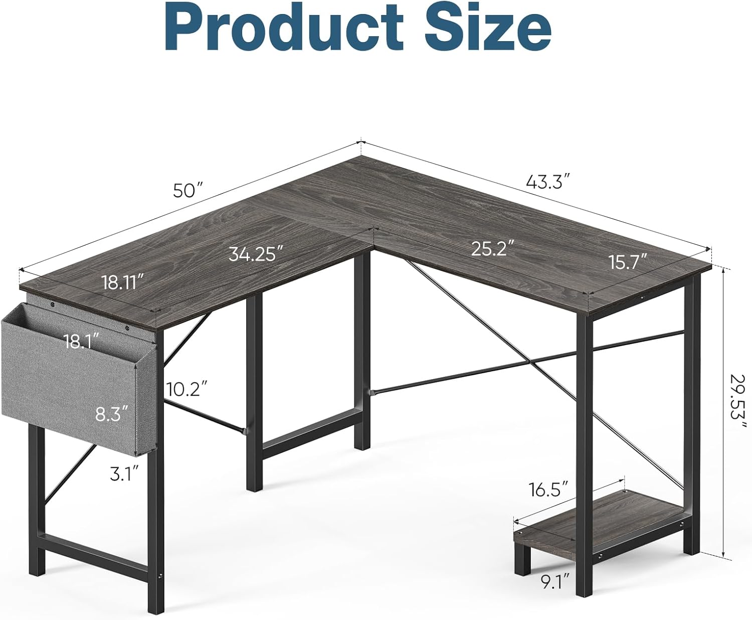 Diagram showing the dimensions of the OLIXIS L-Shaped Computer Desk
