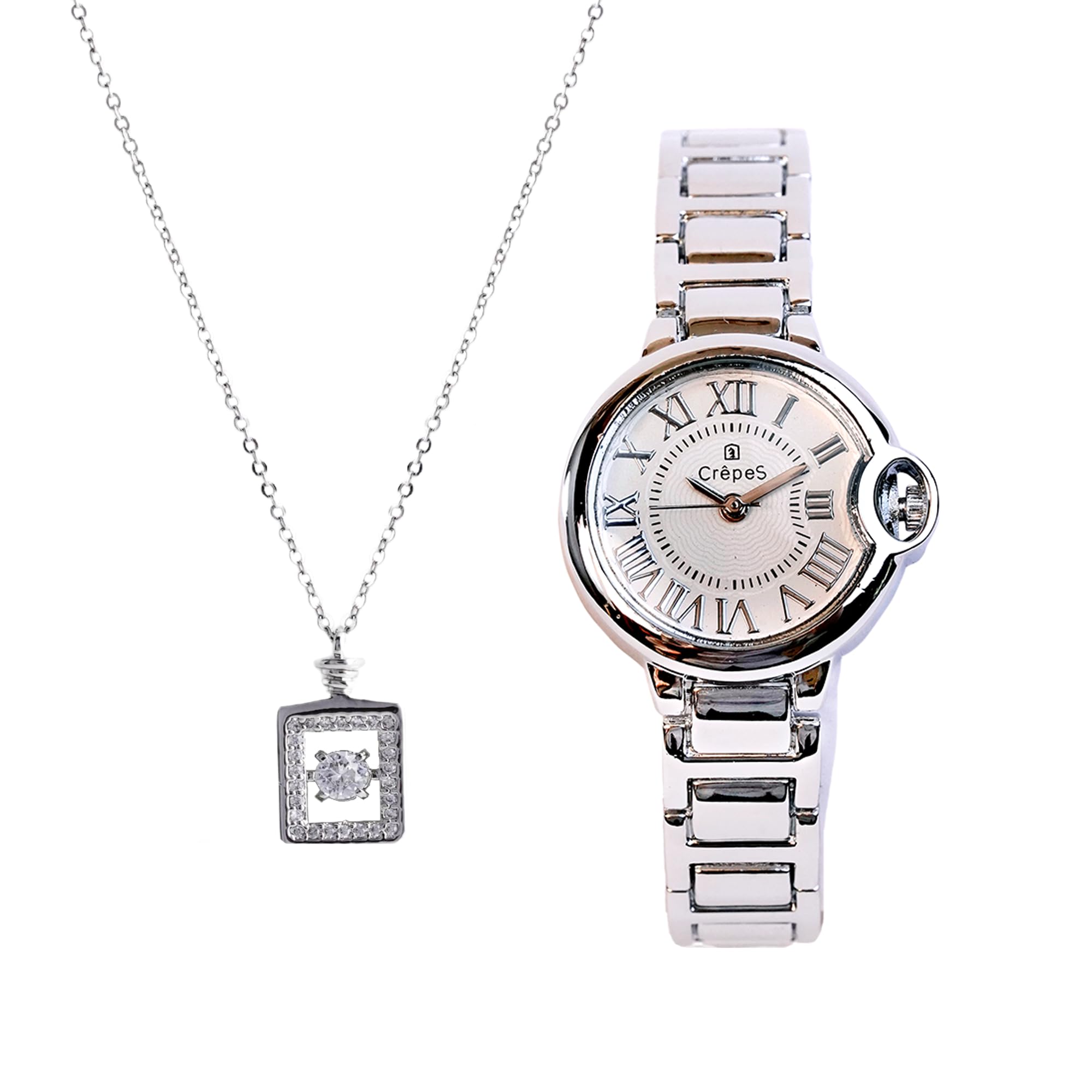 CrepeS Stylish Classic Analog Watch Silver-White & Bottle Pendant in Silver Combo for Women (B0D3L9X4HN) Amazon Price History, Amazon Price Tracker
