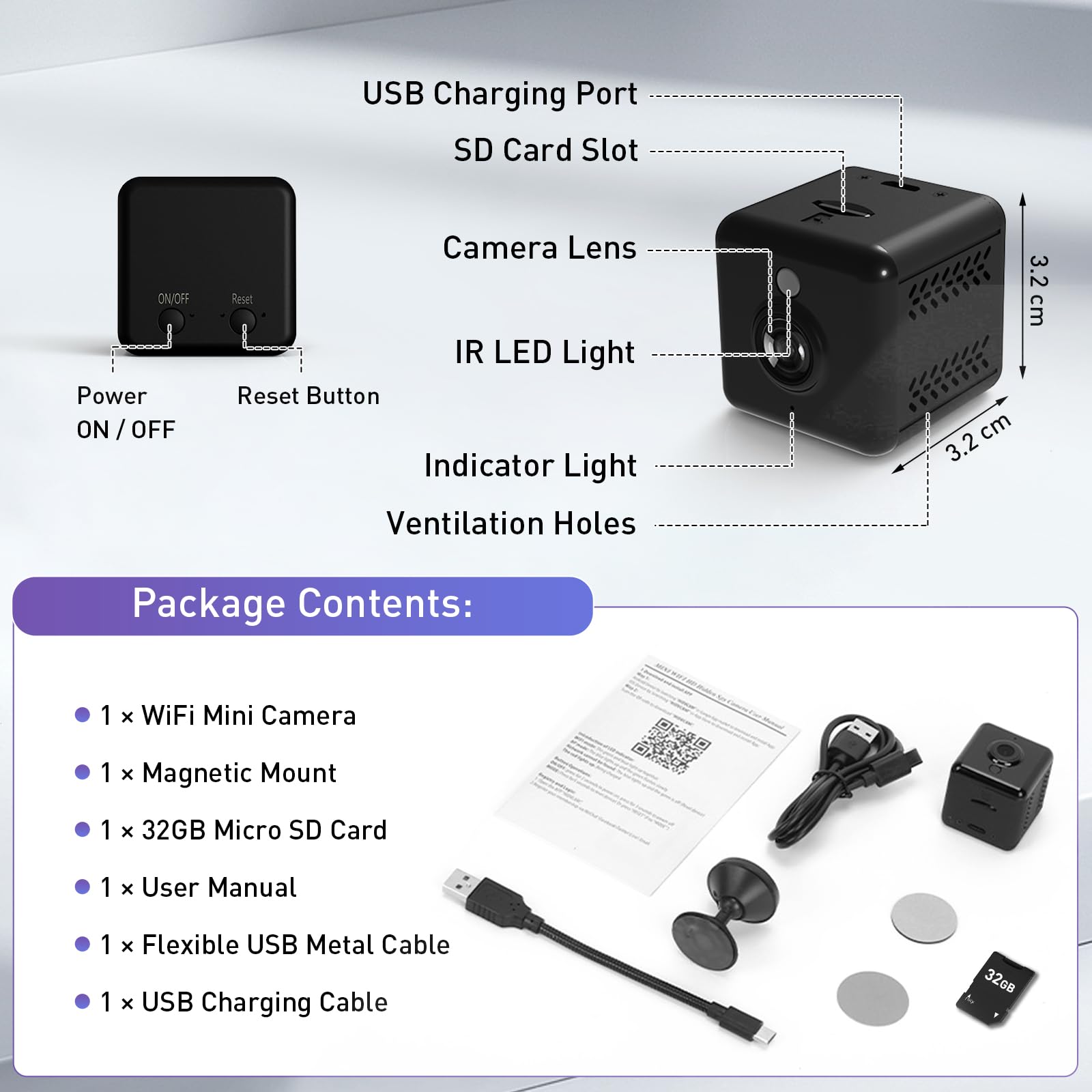 Telecamera di Sorveglianza Interna Wifi, Mini Telecamera Spia Trasmissione | Live su Smartphone, Telecamera Interna con Scheda SD 32GB, Visione Notturna, Angolo Ampio 150°, Montaggio Magnetico, Nero