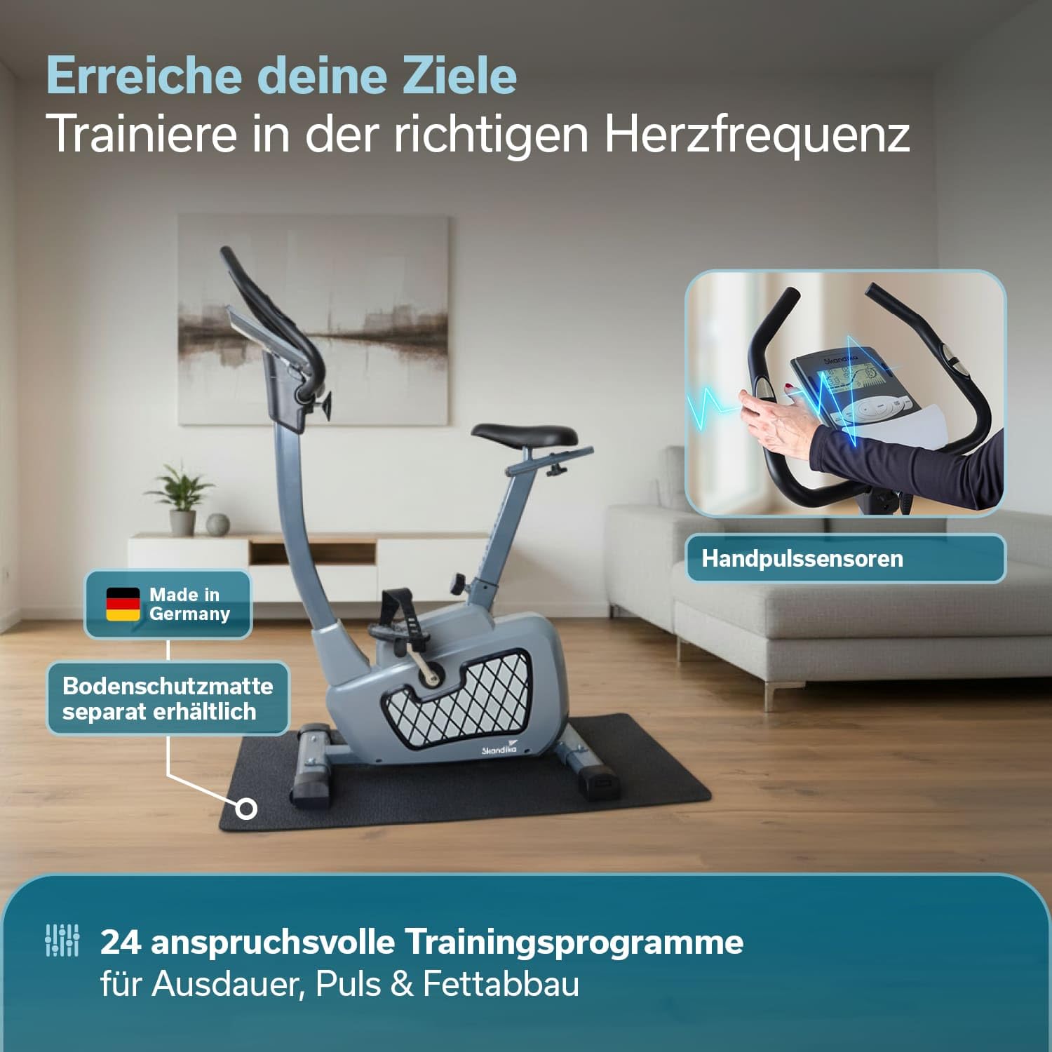 Skandika Wiry Ergometer Heimtrainer 11kg Schwungmasse 24 Trainingsprogramme 32 Widerstandsstufen Magnetbremssystem Bluetooth Kinomap App-Steuerung Transportrollen