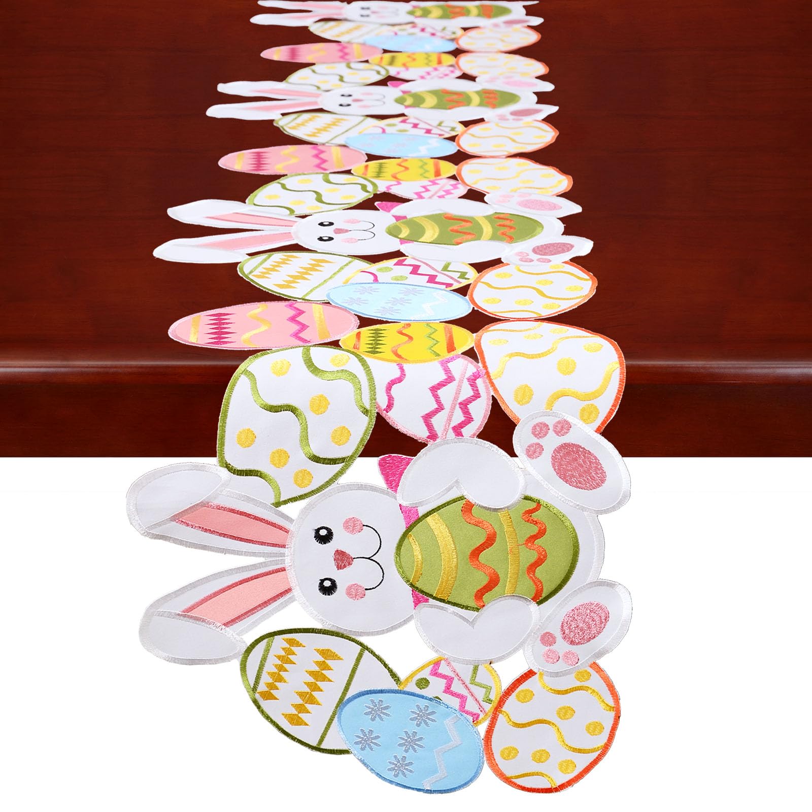 Simhomsen Embroidered Easter Bunny Table Runner, Decorative Centerpiece with Bunnies and Eggs (14 × 53 Inches)