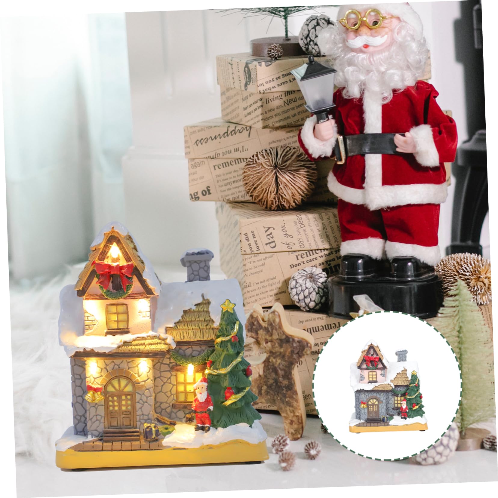Adorno Navideño de Resina Luz en Forma de Casa, Elemento Delicado para Oficina y Dormitorio, CREA Ambiente Festivo de Navidad