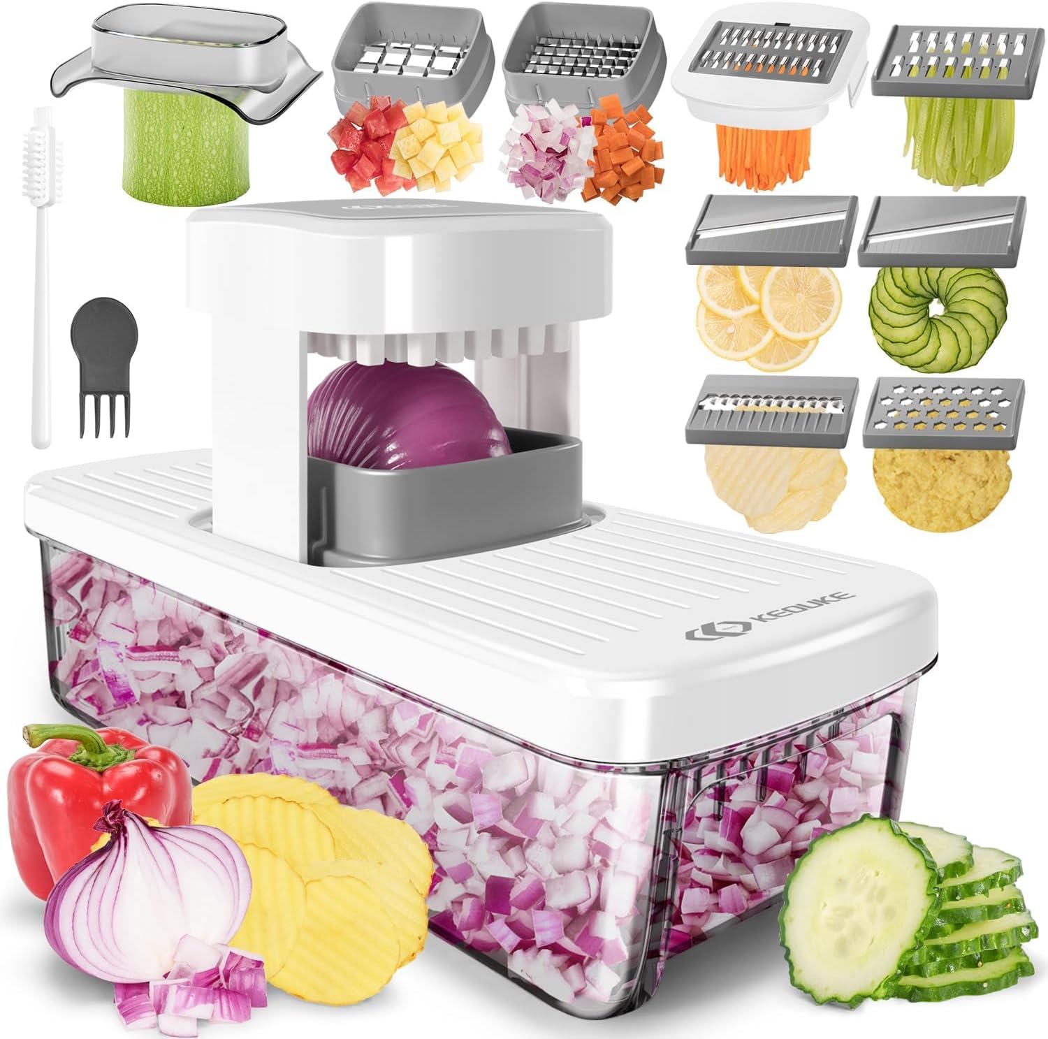 KEOUKE 8-in-1 Vertical Vegetable Chopper Mandoline Slicer with Container White – Safe Tap Out Dicer with Hand Guard for Kitchen Easy Food Prep, Onion Potato Veggie Fruit