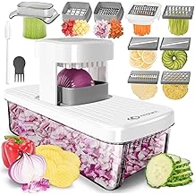 KEOUKE 8-in-1 Vertical Vegetable Chopper Mandoline Slicer with Container White - Safe Tap Out Dicer with Hand Guard for Kitchen Easy Food Prep, Onion Potato Veggie Fruit