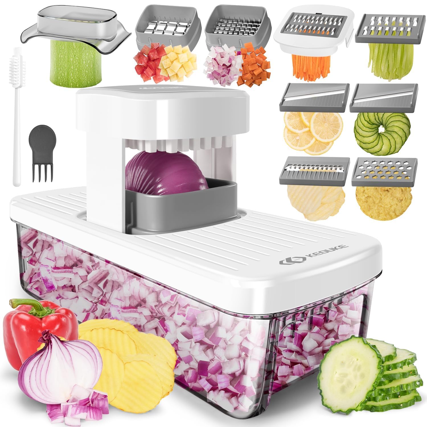 Photo 1 of **UNTESTED**
KEOUKE 8-in-1 Vertical Vegetable Chopper Mandoline Slicer with Container White - Safe Tap Out Dicer with Hand Guard for Kitchen Easy Food Prep, Onion Potato Veggie Fruit