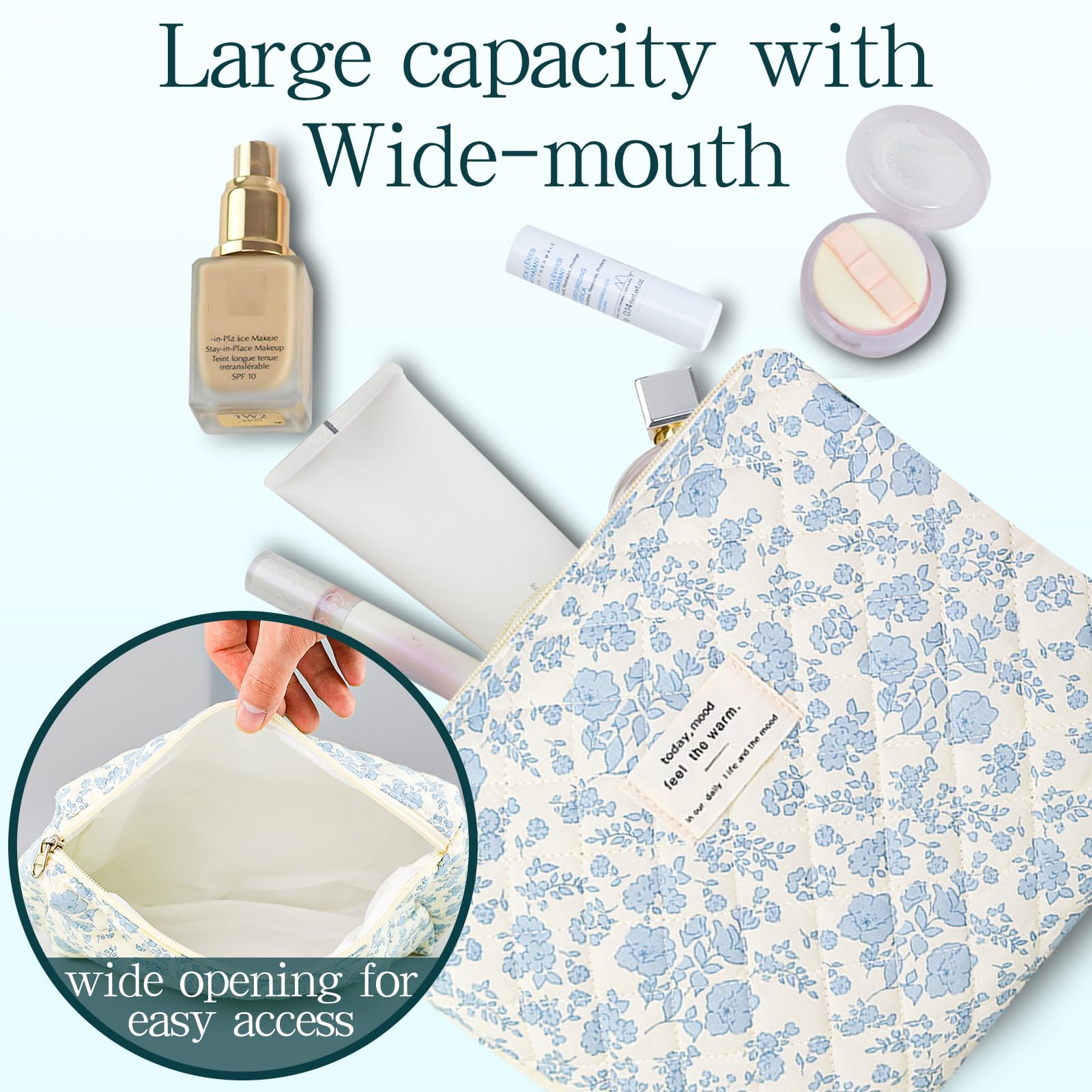 YRWE 3Pcs Quilted Makeup Bag Set, Cute Floral Cotton Cosmetic Bag, Coquette Bow Make up Bag Large Travel Toiletry Bag - Image 3