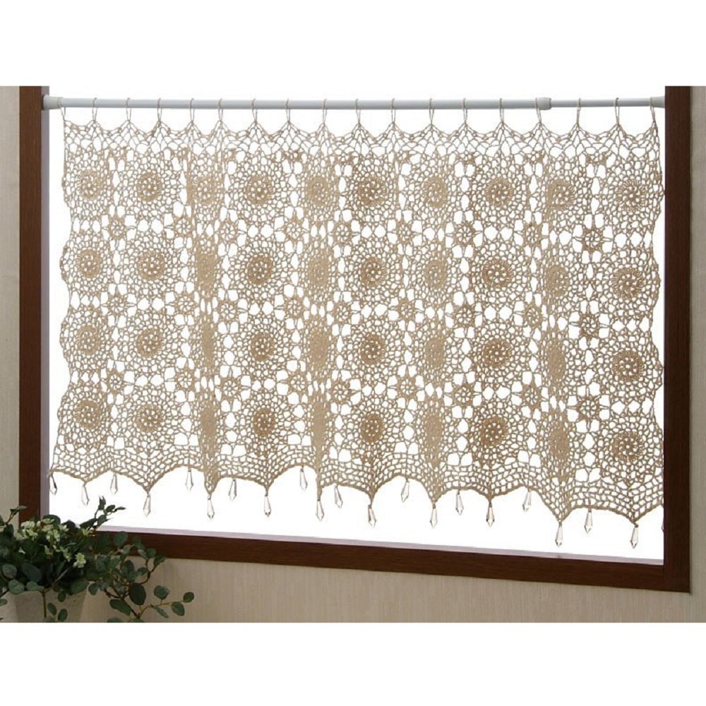 CLAIRER The Cafe Curtain with Handmade Crochet Knitting Transparent Beads 100~50cm Beige Cotton 100%