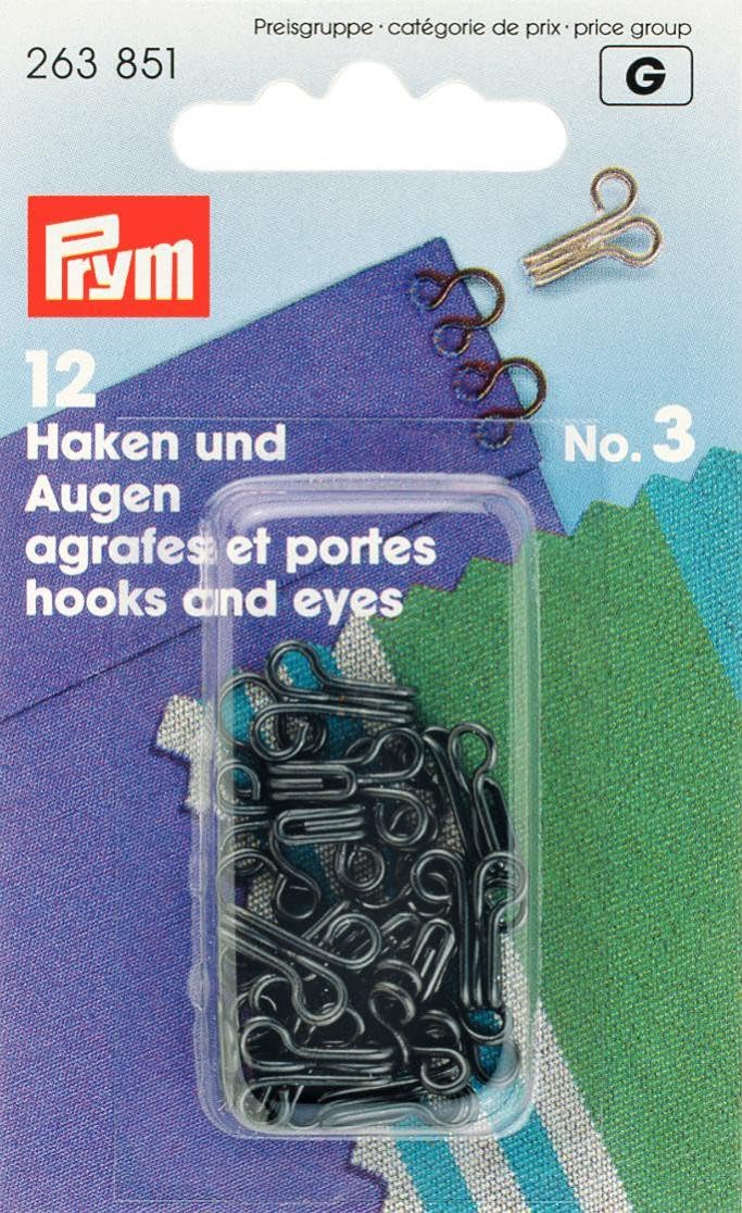 Prym 3 Eyes Hooks and Brass, Pack of 12, Black