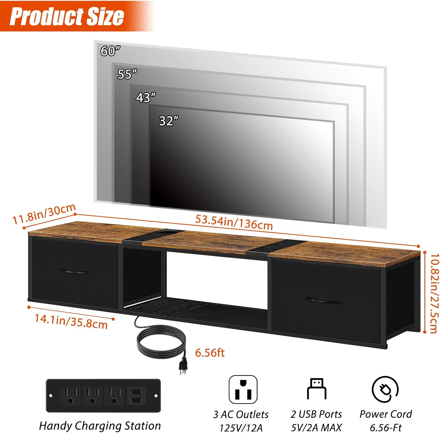 Floating TV Stand with Power Outlet Modern Wall Mounted TV Console Shelf Cabinet with Drawers for Under TV Storage, Entertainment Center, Living Room, Bedroom, Guest Room, Rustic Brown and Black - Image 2