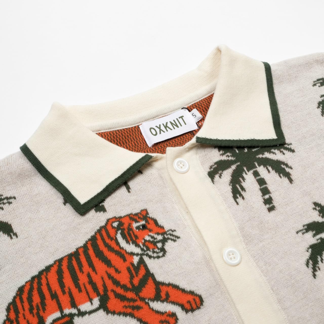 OXKNIT Men's Knit Short Sleeve Shirts Button Down Vintage Knitted Polo Shirt Tigers Coconut Trees Pattern Beige Polo