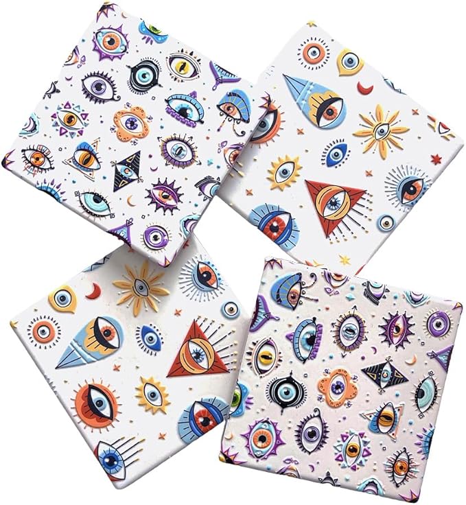 Amulets Evil Eye Square Drink Coasters Set, 4 Pieces Set Cute Ceramic Surface 3D Embossed Mug Mat Protection for Beverage, Coffee Table, Tabletop, Office, Kitchen, Bar