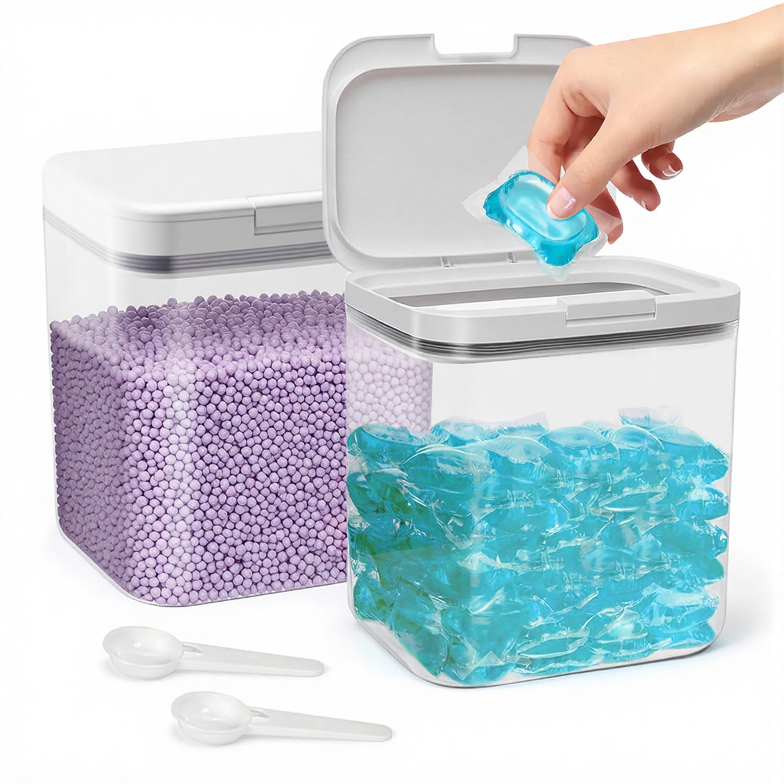 Poudre et perles parfumées préservées dans cette boîte de rangement pour détergent de 2.0L