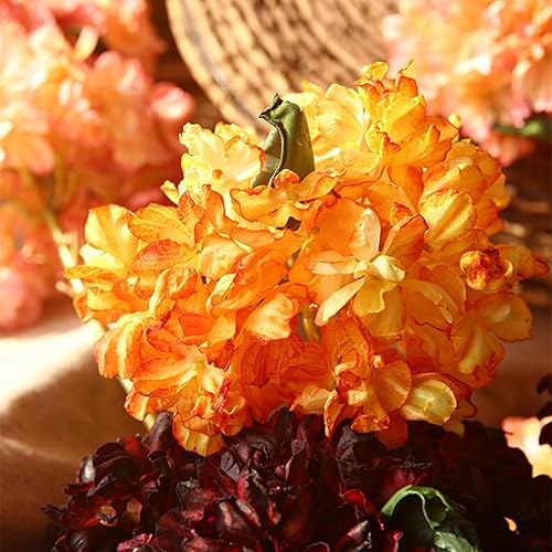 Miniatura 5 de ASTRYAS Flores de otoño, hortensias artificiales, 5 unidades, flores de hortensias de seda naranja de 14.2 pulgadas, proceso de pétalos de tostado