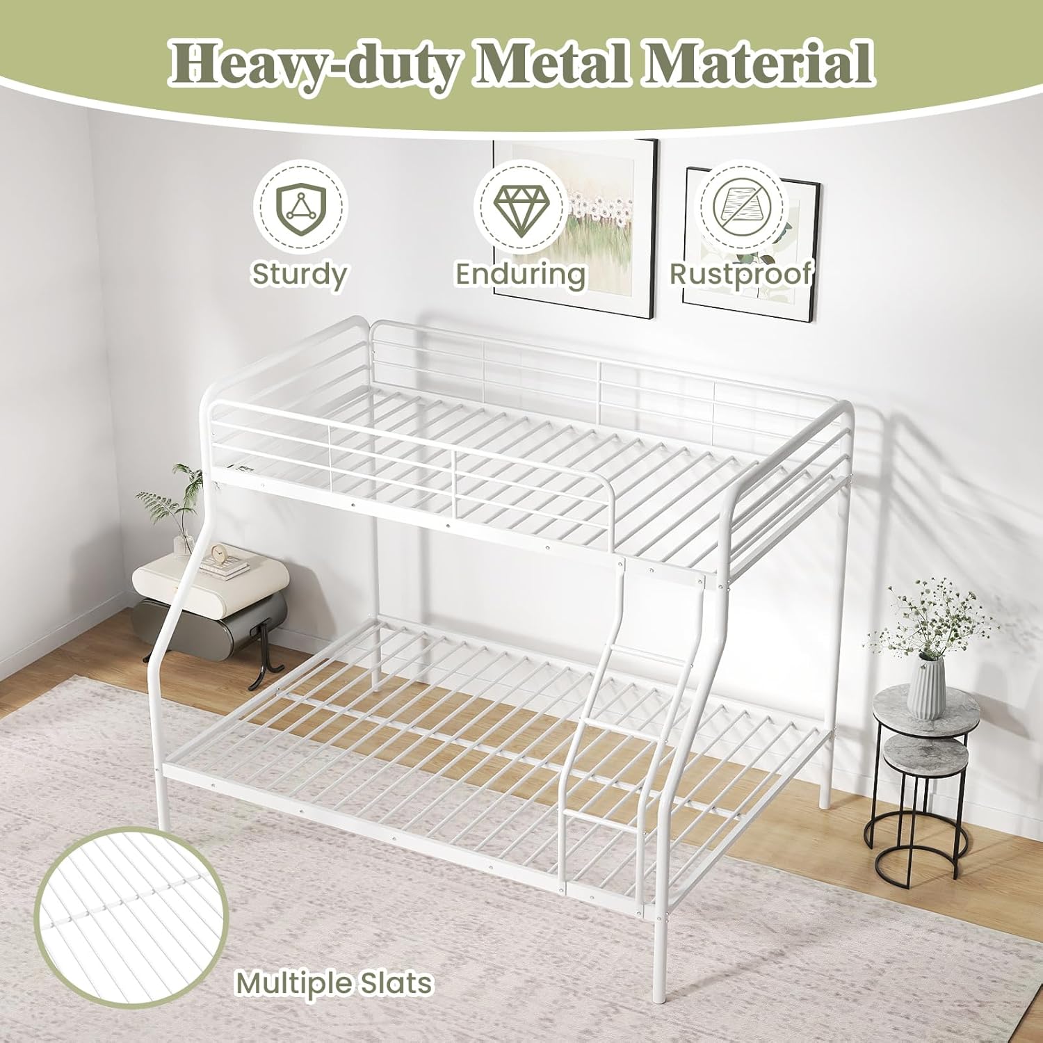 GORELAX Twin Over Full Bunk Bed, Metal Bunk Beds with Sturdy Guard Rail & Ladder, No Box Spring Needed, Noise Reduced & Space Saving, Bunk Bed Frame for Dorm, Apartment (White)