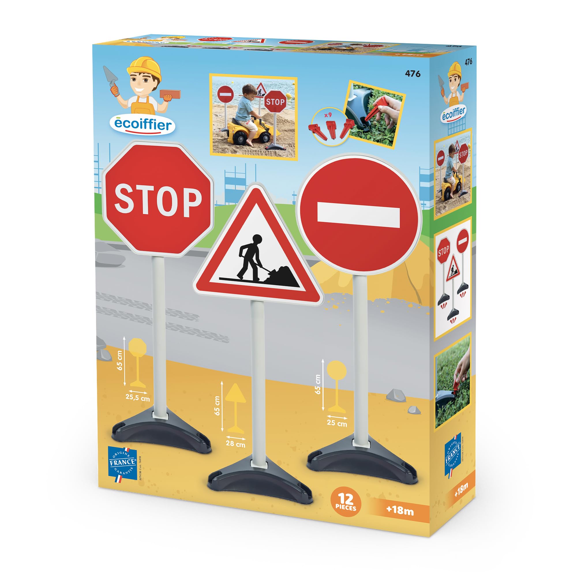 Ecoiffier - Children's play with 3 road signs 65 cm - Works for floor mounting included - Imitation game - From 18 months - Toys for children - 476 - France Guarantee