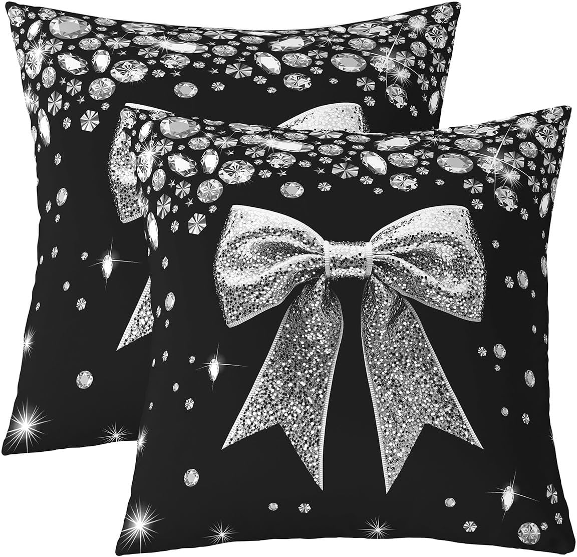 Cute Ribbon Bowknot Throw Pillow Covers,Sparkling Silver Bow Accent Pillow Case 24"*24"*2,Grey Glitter Diamond Black Bow Tie Decorative Pillowcases,Kawaii Geometric Bow-Tie Cushion Cases for Girls