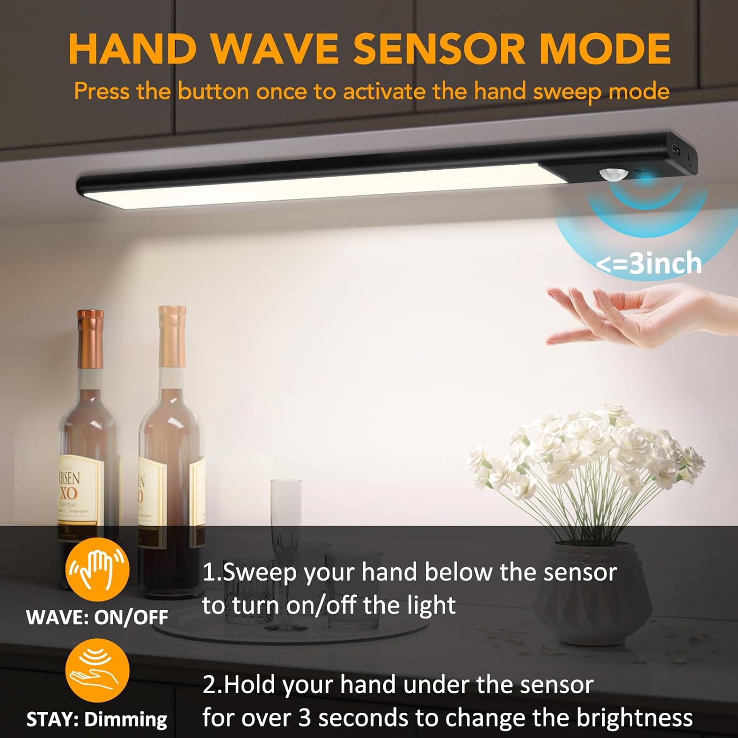 80 LED Motion Sensor Under Cabinet Lights with Hand Wave, 3 Color Temps Indoor Dimmable Closet Light, Rechargeable Wireless Magnetic Strip Night Lights for Hallway, Stairway, Wardrobe(2 Pack, 12 inch) 80LED-12inch