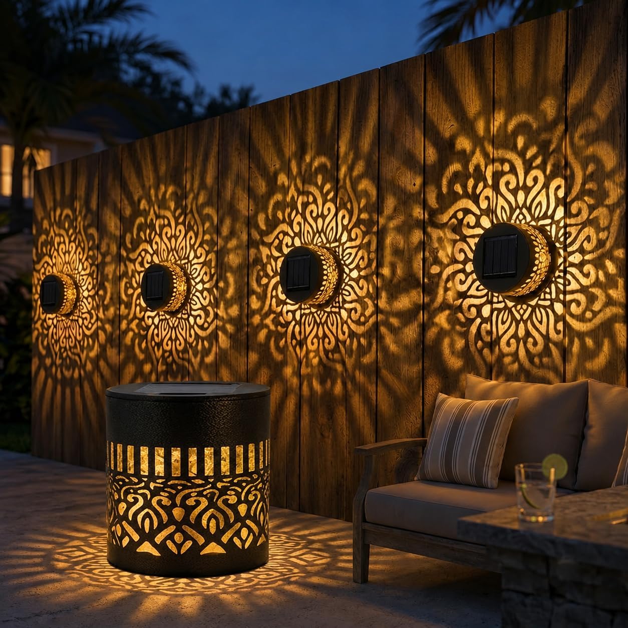 Solar Mandala Fence Lights Outdoor Projection Wall Light, 1 Pack | Warm Yellow Waterproof Solar Powered Wall Light for Fence, Garden, Patio, Deck & Backyard with Decorative Mandala Projection