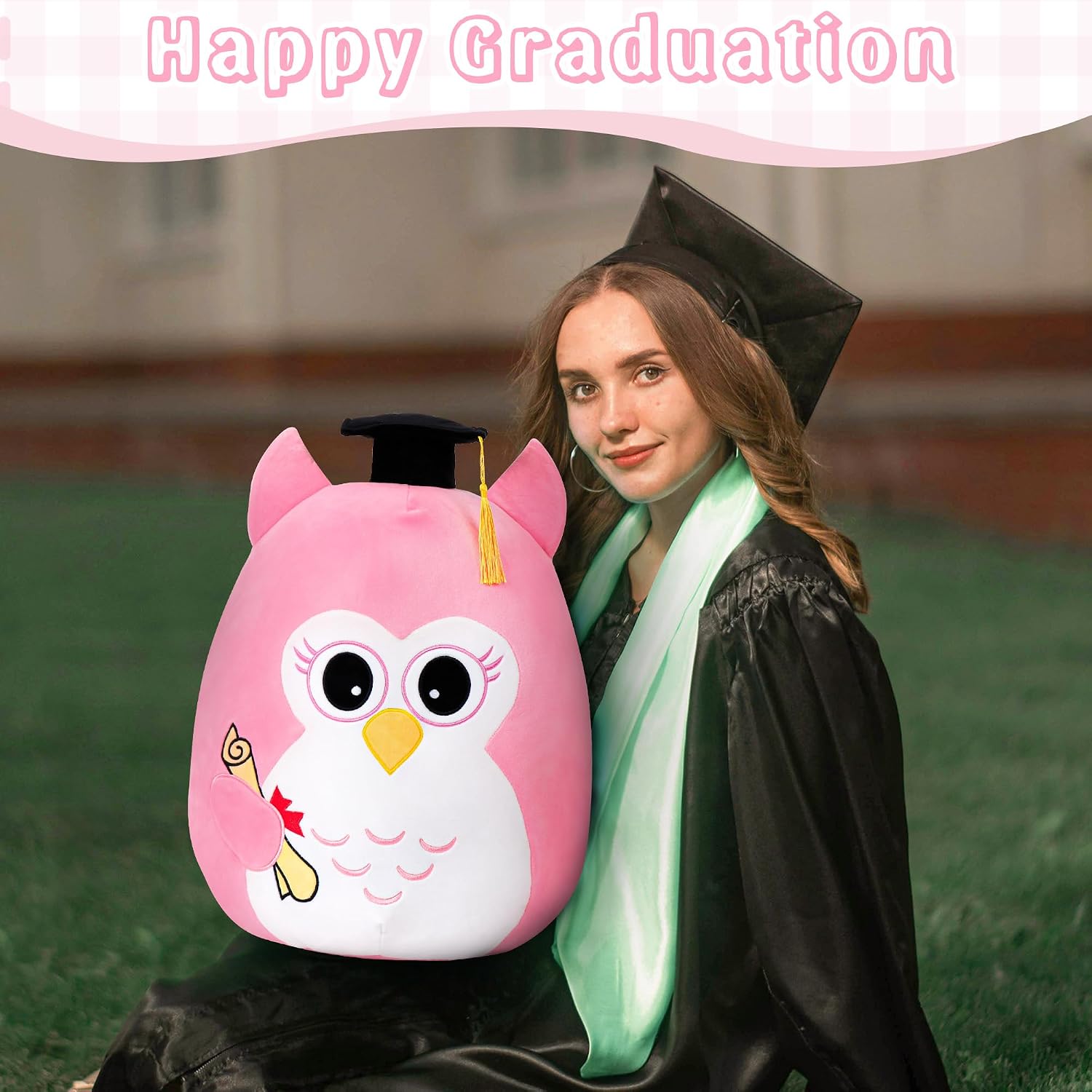 OurHonor Class of 2026 18in Graduation Stuffed Animal with Cap, Fringe & Diploma, Grad Gifts for Preschool, Kindergarten, Elementary, High School(Pink Owl)