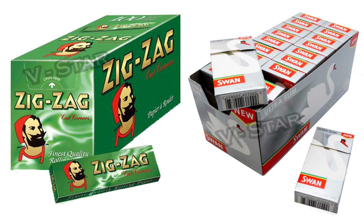 FULL BOX OF ZIG ZAG GREEN ROLLING PAPERS + FULL BOX OF SWAN FILTER TIPS (ULTRA SLIM)