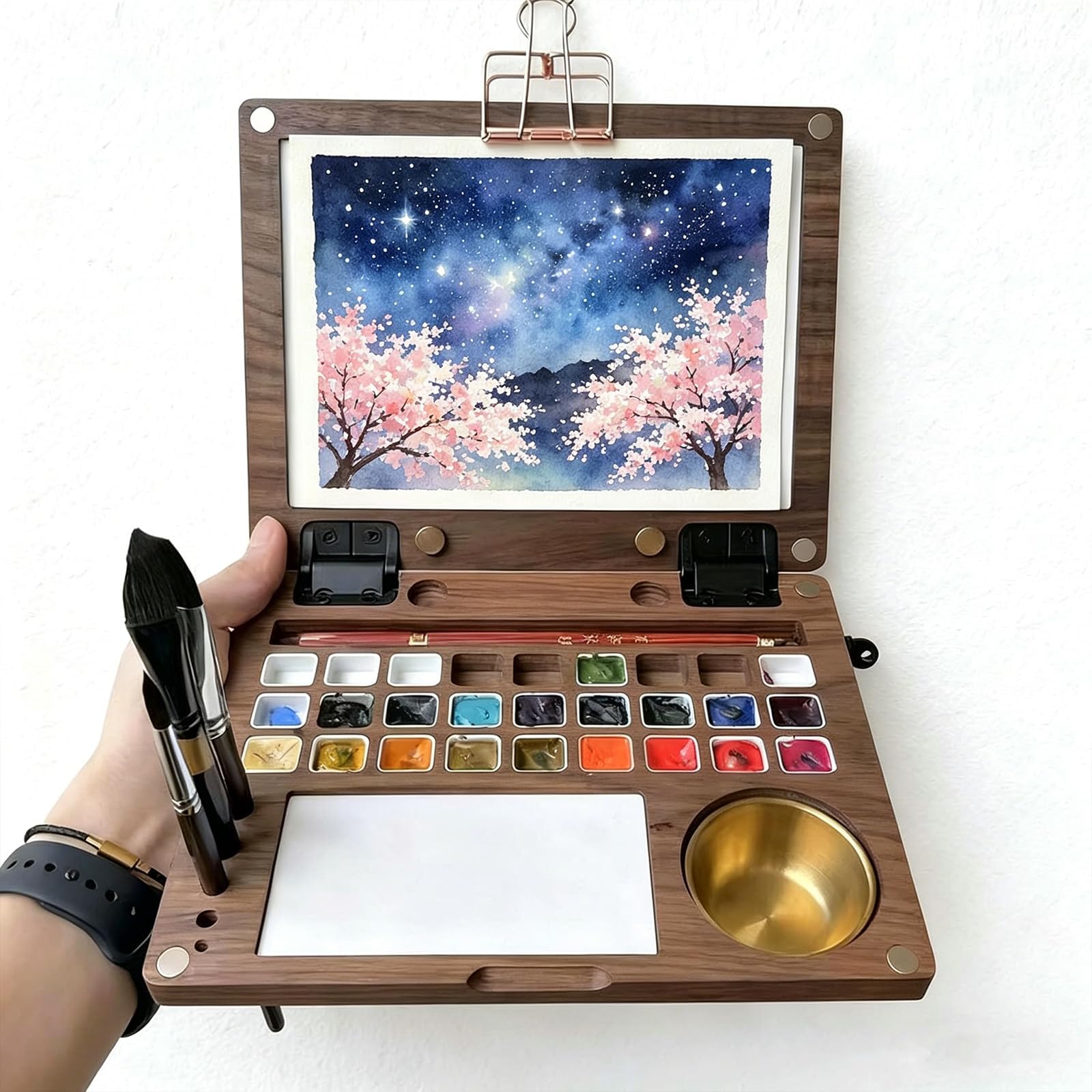 Boîte en bois de noix vide multifonctionnelle - Palette aquarelle portable à 27 cases avec fentes pour pinceaux et gobelet de nettoyage - pour peinture aquarelle, gouache, acrylique