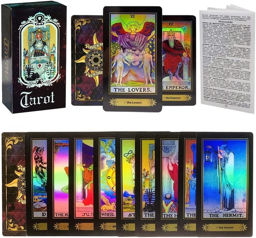 Image of Play New Tarot Card Game with Guide Book 78 Pieces Holographic Tarot Cards Deck Future Telling Game with Colorful Box for Beginners (Design 4)