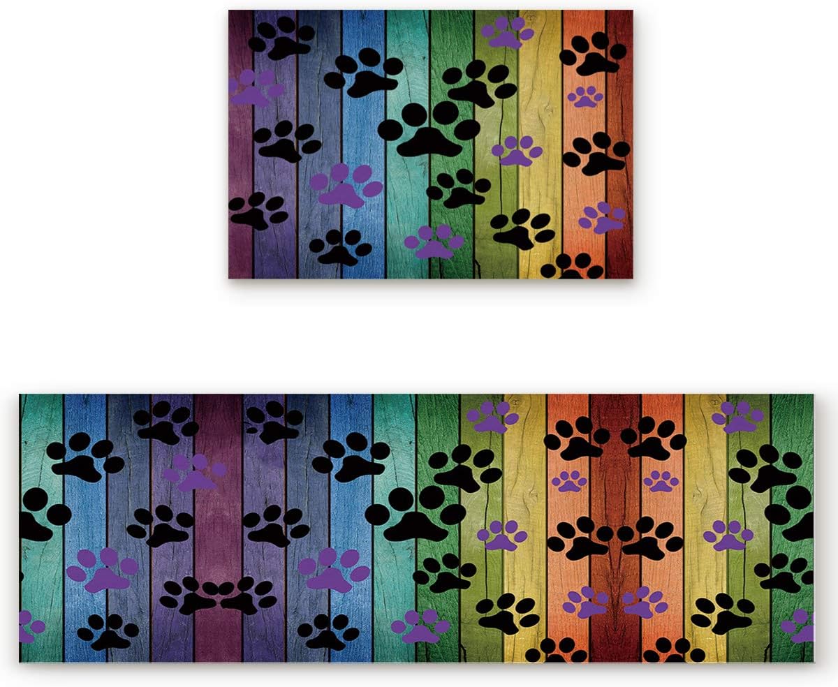 2 Piece Kichen Rug Set,Non-Slip Doormat Runner Carpet Set,Non-Woven Fabric Kitchen Mat Set for Floor Rug,Kitchen,Bathroom,Office,Sink,16"x24"+ 16"x47" Rainbow Color Dog Paws Print Pattern