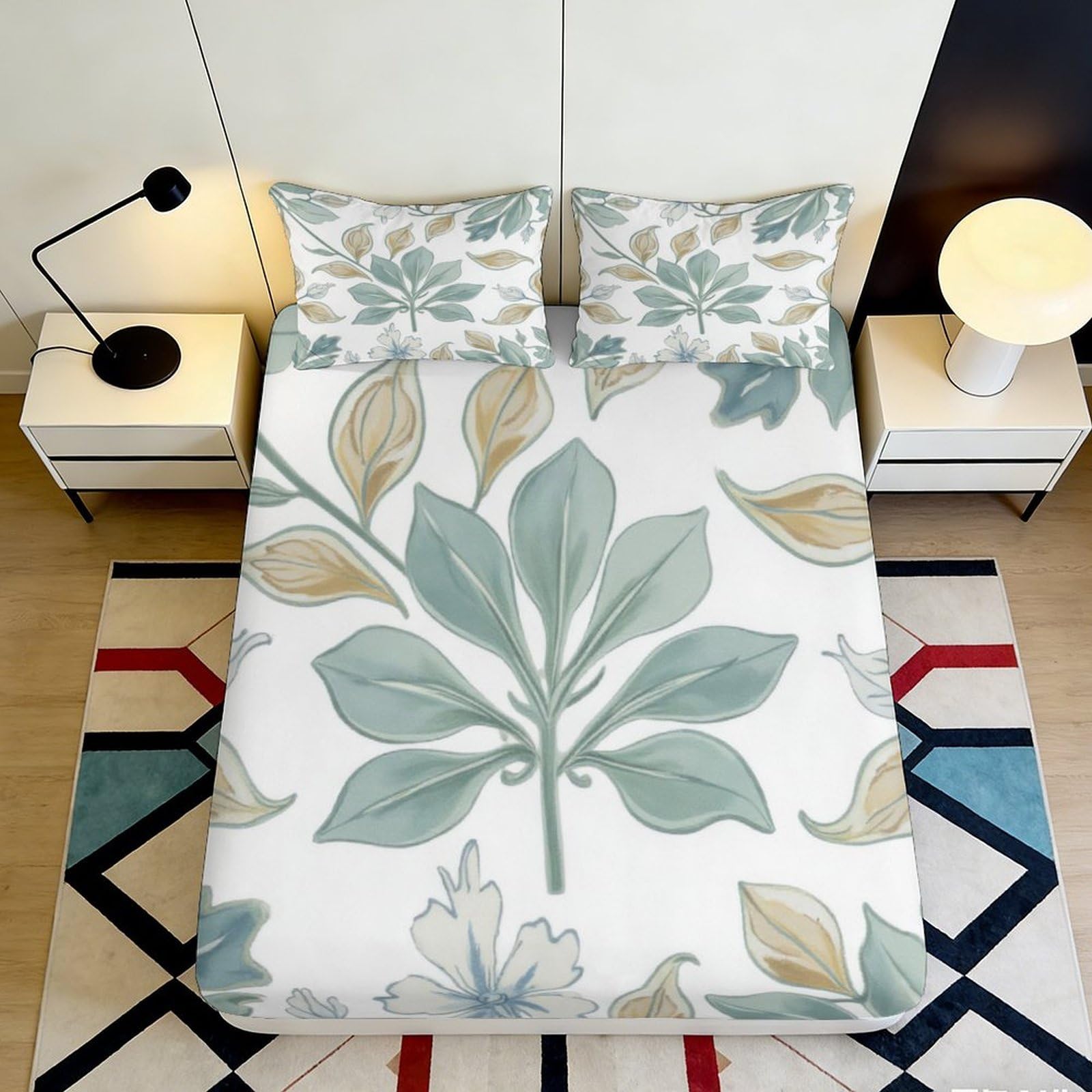 3D Printed Green Botanical Fitted Sheet Microfiber Soft Leaf Pattern Bed Cover Anti-Slip Machine Washable for Bedroom Guestroom 140x200x25cm