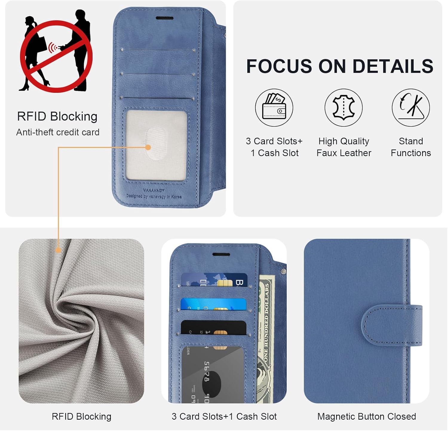 VANAVAGY Compatible for iPhone 12/12 Pro Wallet Case for Women Men, PU Leather Flip Phone Cover with Wristlet for Wireless Charging with RFID Blocking Card Holder Screen Protector, Blue - Image 4