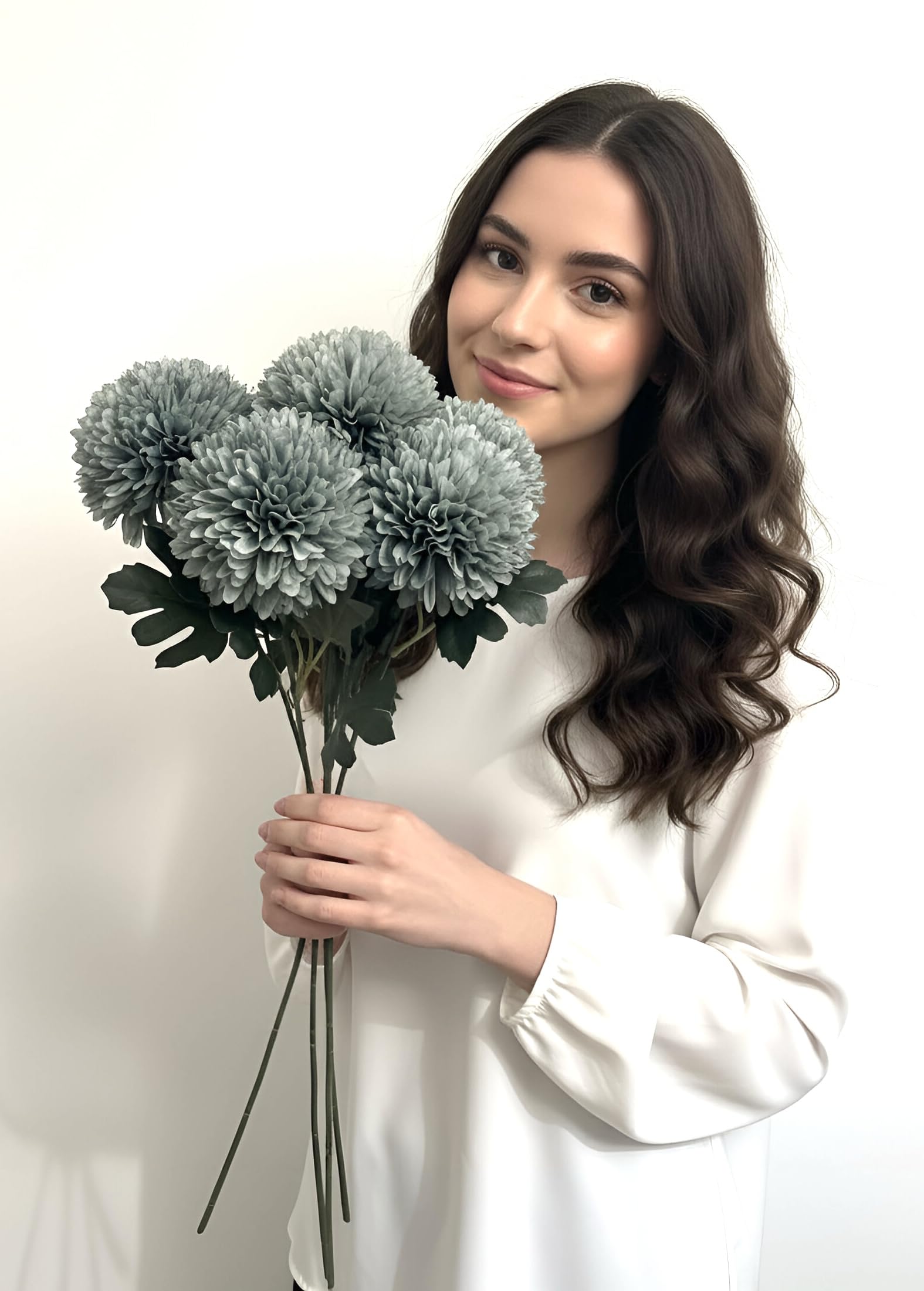 Sorola 6 Large Chrysanthemum Stems Artificial Flowers Faux Tulips Floral Foam 52cm Large Flower Bouquet Bunches Arrangements for Home Decor (Blue)