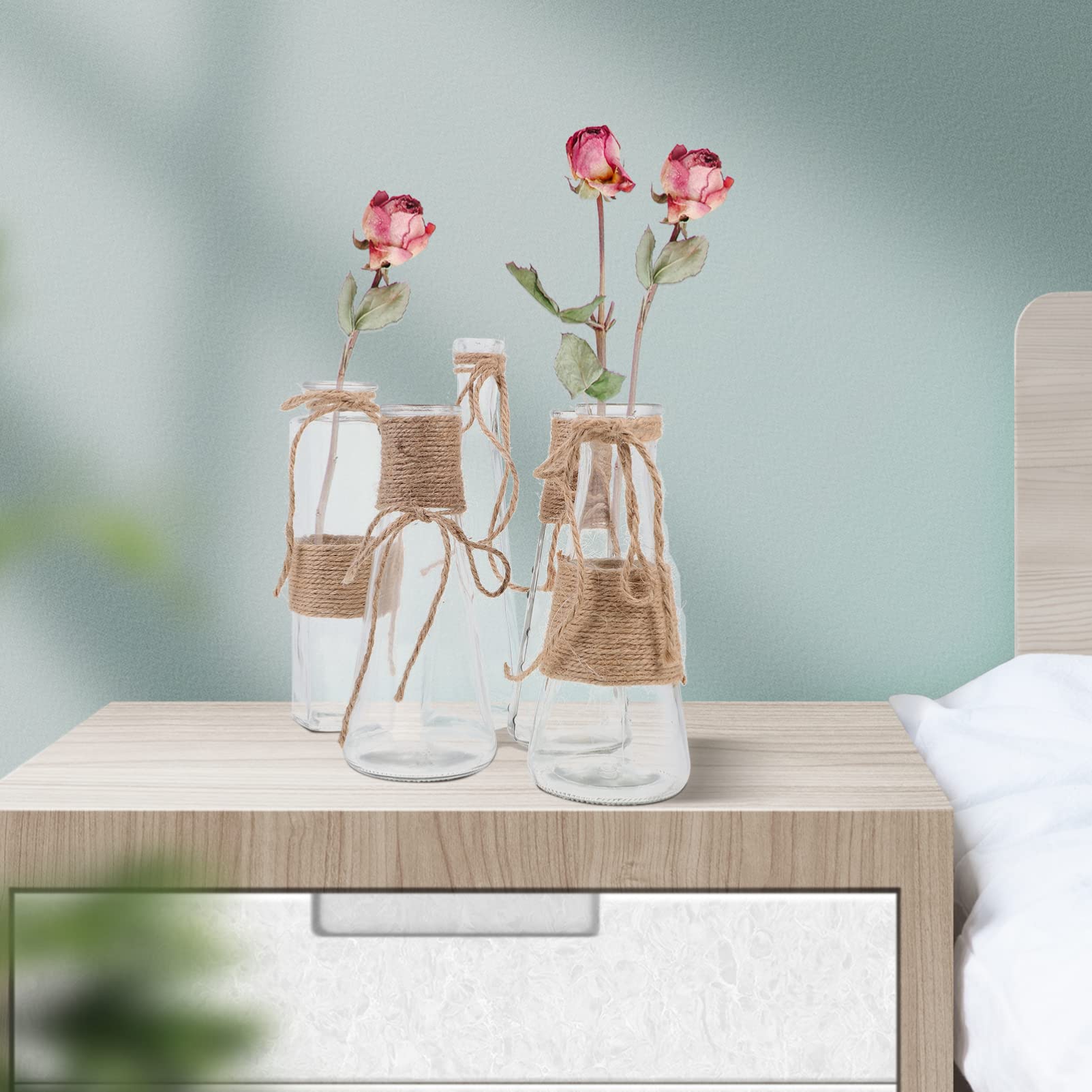 5 Stück Transparente Glasvasen mit Juteseil, Flacher Boden
