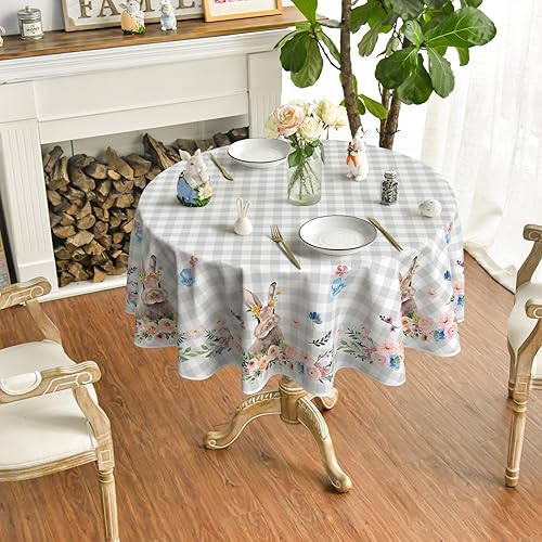 Miniatura 2 de Horaldaily Mantel redondo de Pascua de 60 x 60 pulgadas, diseño de flor de primavera, diseño de búfalo a cuadros, para decoración de fiestas,