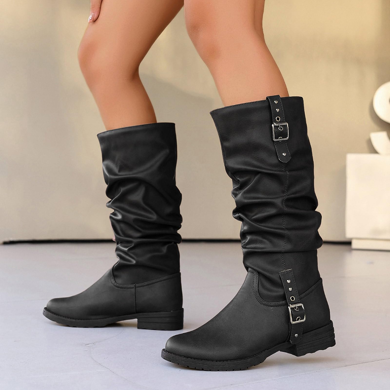 Stivali da cowboy da donna alti arricciati con fibbia laterale, eleganti stivali lunghi al ginocchio, stivali da mezza stagione