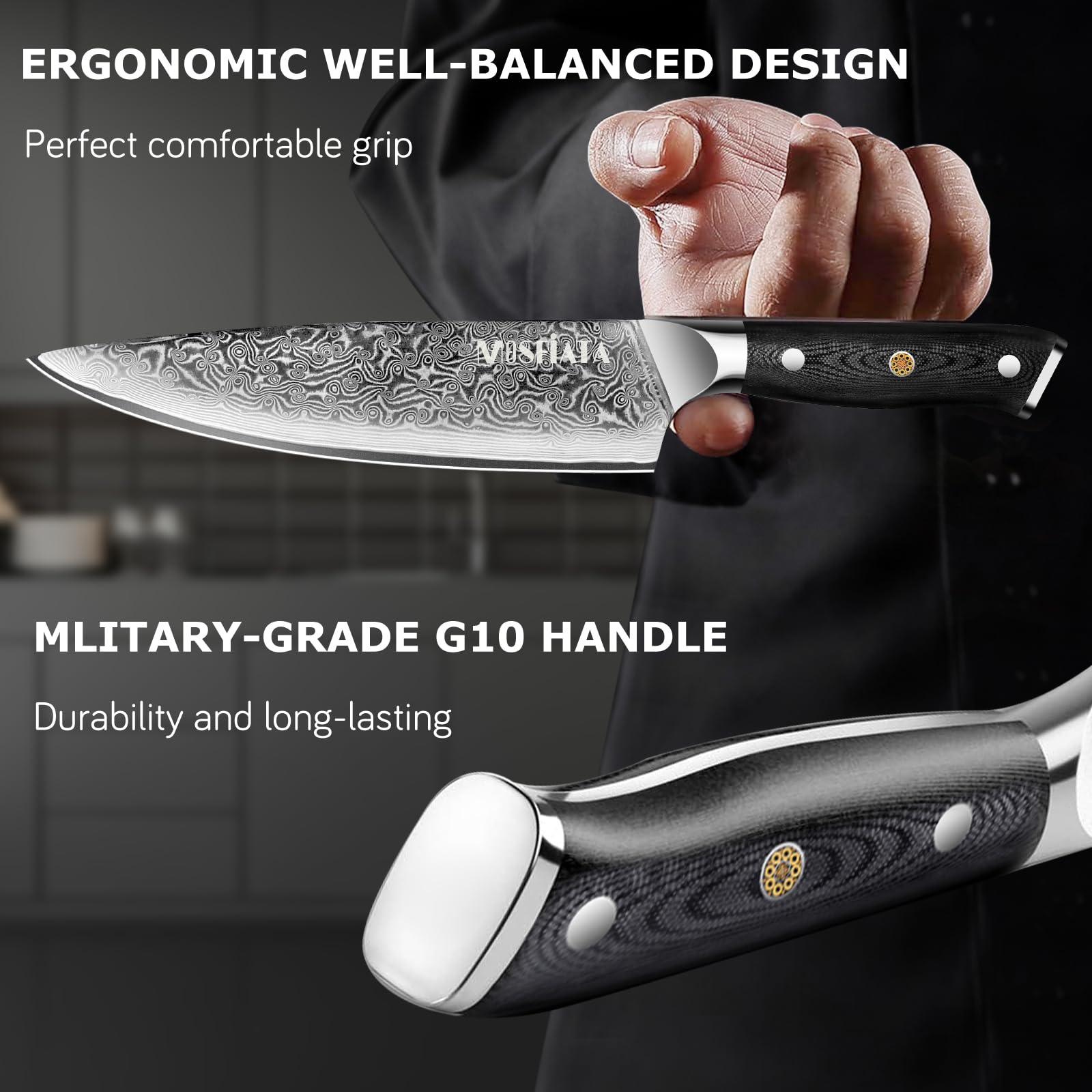 MOSFiATA Set Coltelli da Cucina Professionali, Set di Coltelli Damasco con Coltello Chef, Coltello Santoku, Coltello Pane, Coltello Multiuso e Coltello Frutta