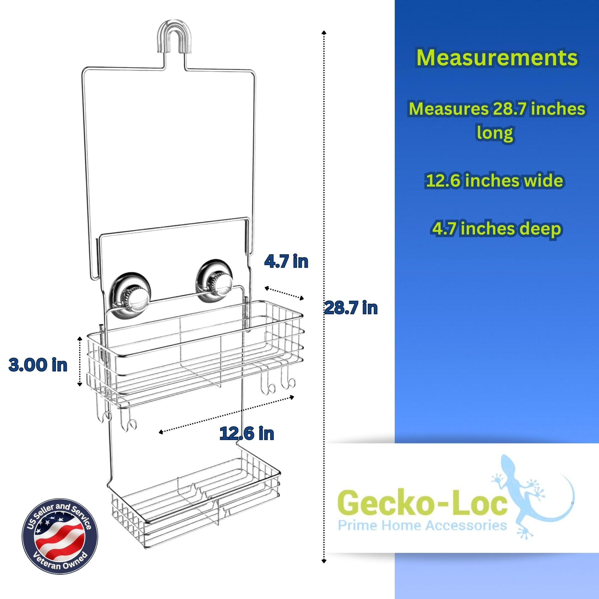 Gecko-Loc Portaoggetti Doccia Lungo E Largo - Regolabile, Sopra Soffione, Acciaio Inox (Argento)
