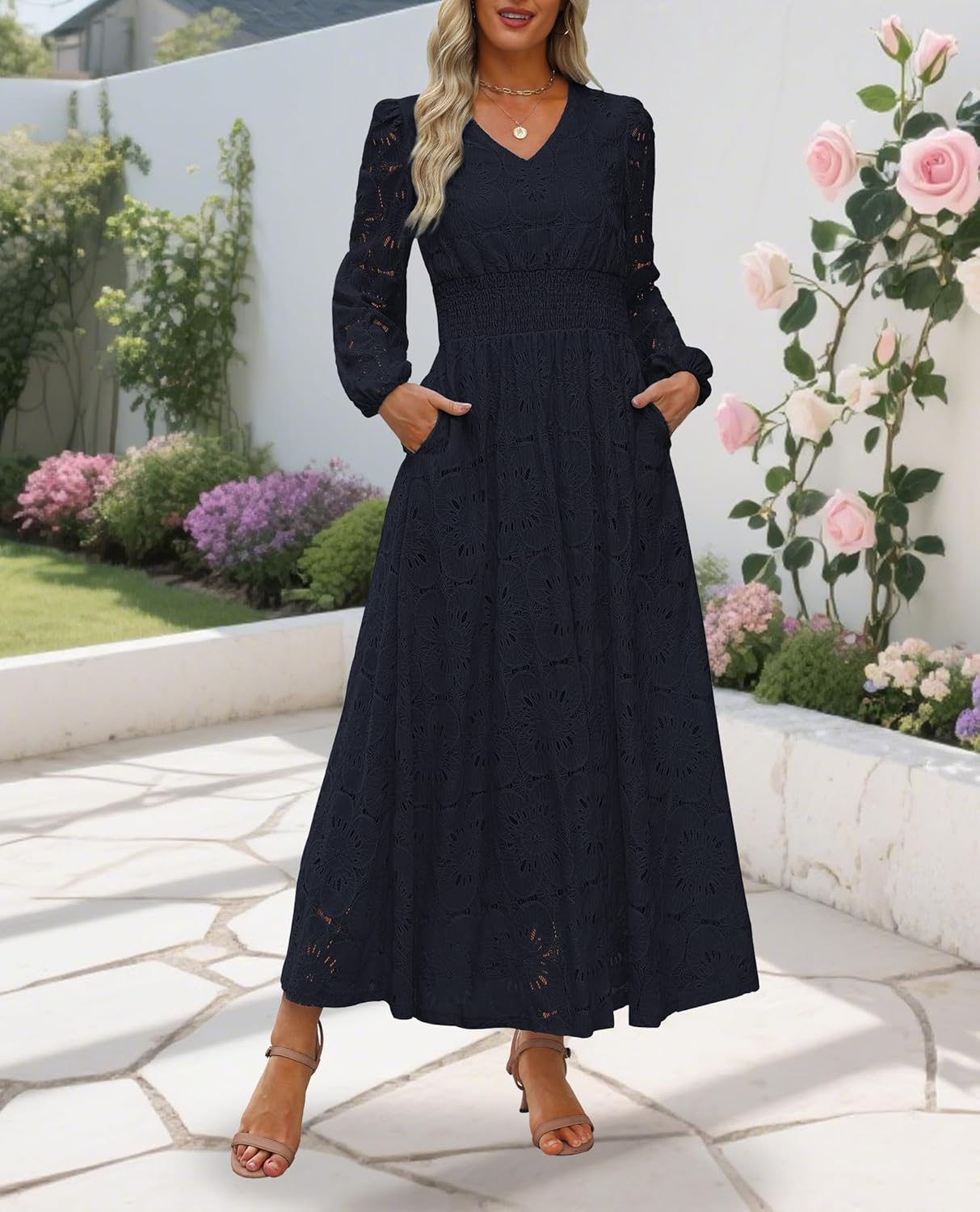 Women's Long Puff Sleeve Floral Maxi Dress V Neck Lace Eyelet Hollow Out A Line Flowy Boho Spring Wedding Guest Party Dresses - Image 3