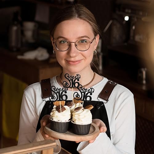 Miniatura 7 de Gyufise Paquete de 24 adornos para cupcakes de 16 cumpleaños con purpurina para 16 años de edad, decoración de cupcakes para cumpleaños de 16 años,