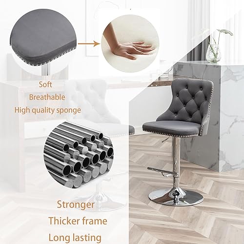 Miniatura 5 de Riknuxi Juego de 2 taburetes de bar de terciopelo, taburetes de bar de altura de mostrador con borde de botón y cabezas de clavos, taburetes de bar