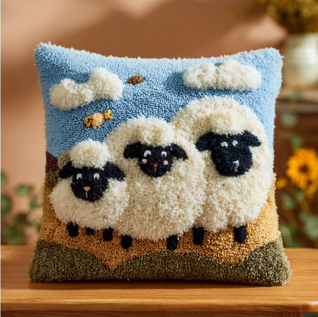 WallustrioaW DIY Latch Hook Pillow Kit,Sheep Pillowcase Kits Embroidery Kits 17X17 Inch DIY Needlework Pillow Cover Sofa Cushion Rug Making