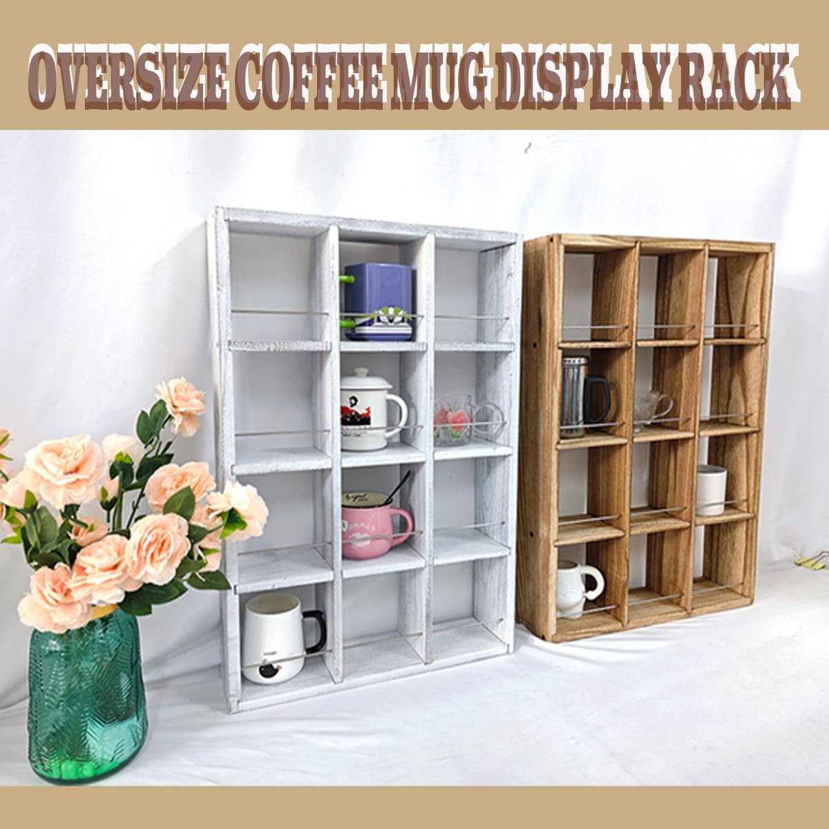 Coffee Mug Display Rack Wooden Display Shelves Cup Holder Shadow Box Shelf Wood Hanging Shadow Box Shot Glasses Display Case with 12 Compartment (Old White)