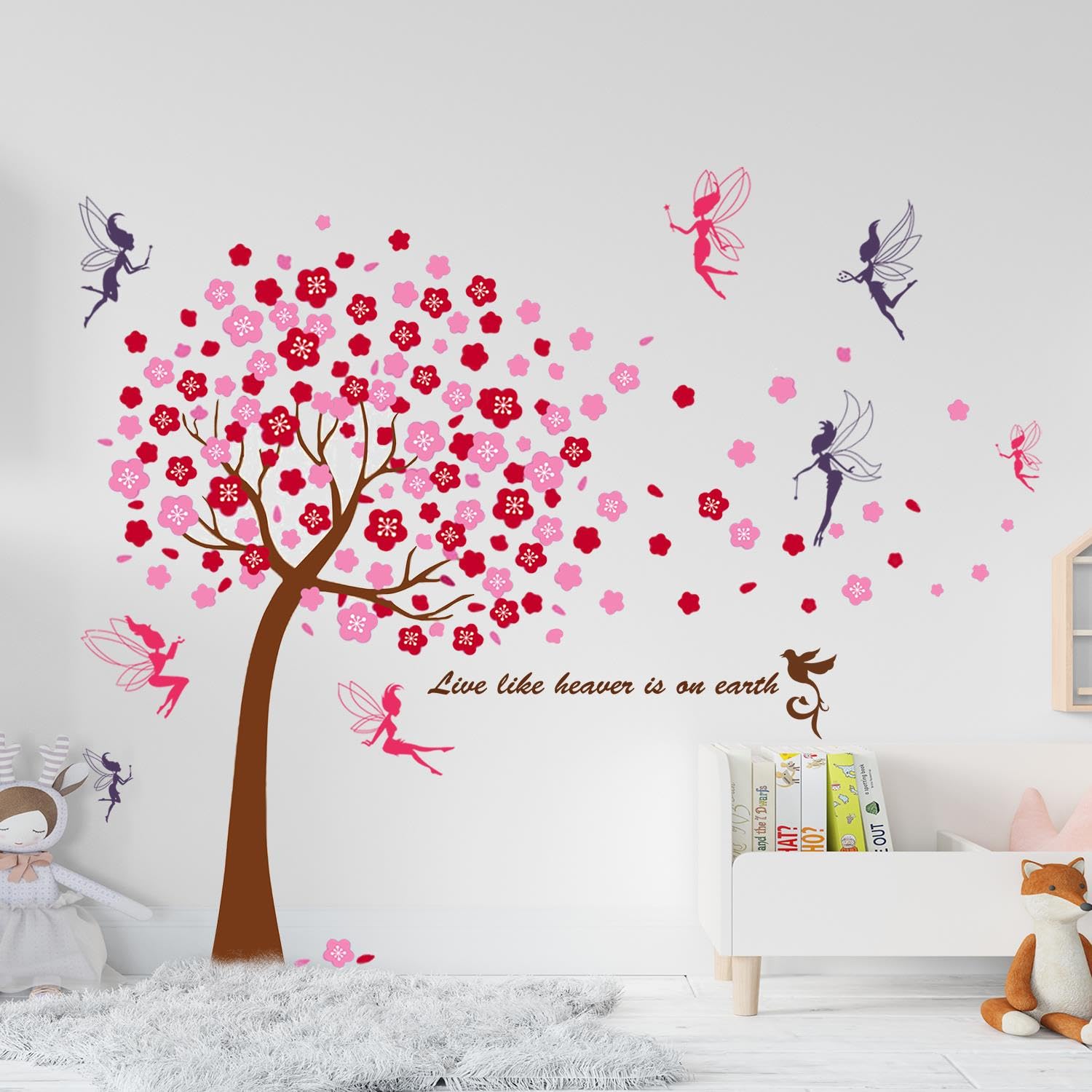 Walplus Girls Wall Sticker Pink Cherry Tree With Fairies Kids Art Colorful Art 3D Pink Tree & Fairies Wall Stickers - Giant Peel & Stick Nursery Decor For Bedroom, Playroom, Classroom (175Cm X 150Cm)