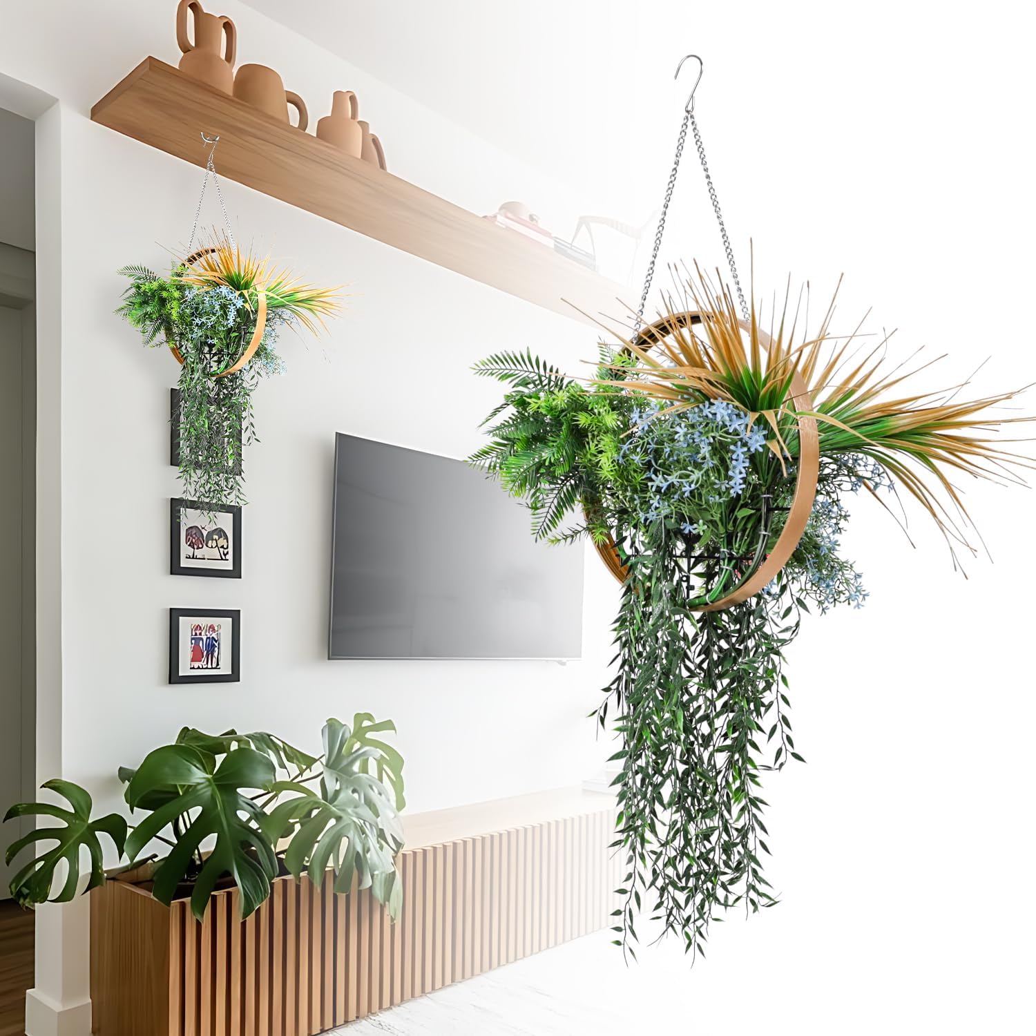 Patio Fake Hanging Plants with Gold Frame 1Pcs- Artificial Wall Décor Hanging Faux Ivy with Adjustable Chaining, Greenery Flower Wall Décor Boho Hanging Planter for Home Indoor Outdoor