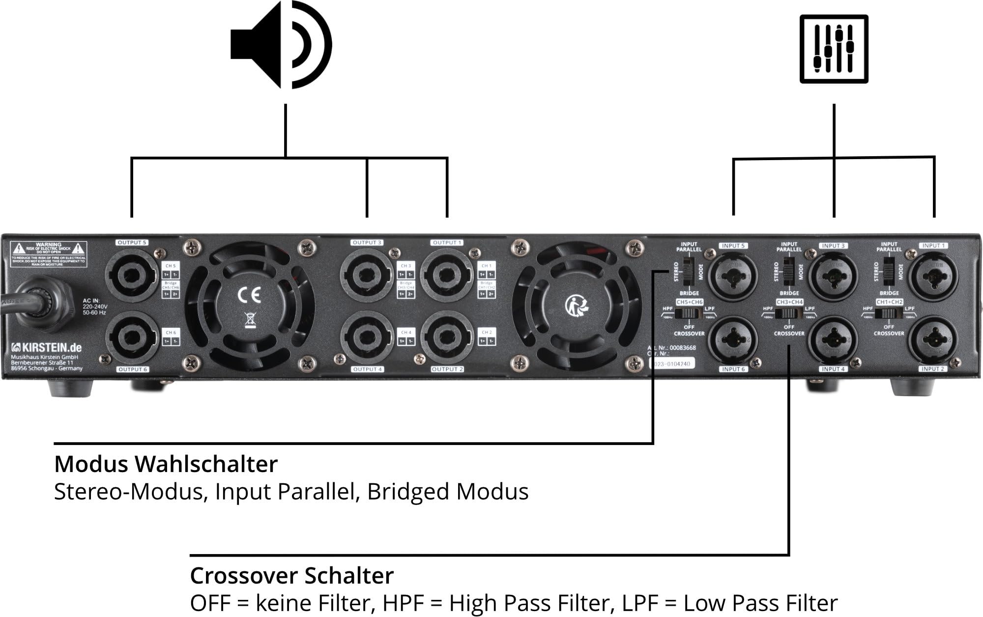 Pronomic MC6-400 Finale - Potenza in uscita (4 Ohm): 6x 600 Watt - Modalità Stereo, Parallel o Bridged - Frequenza crossover regolabile - Tipo di circuito: Class D