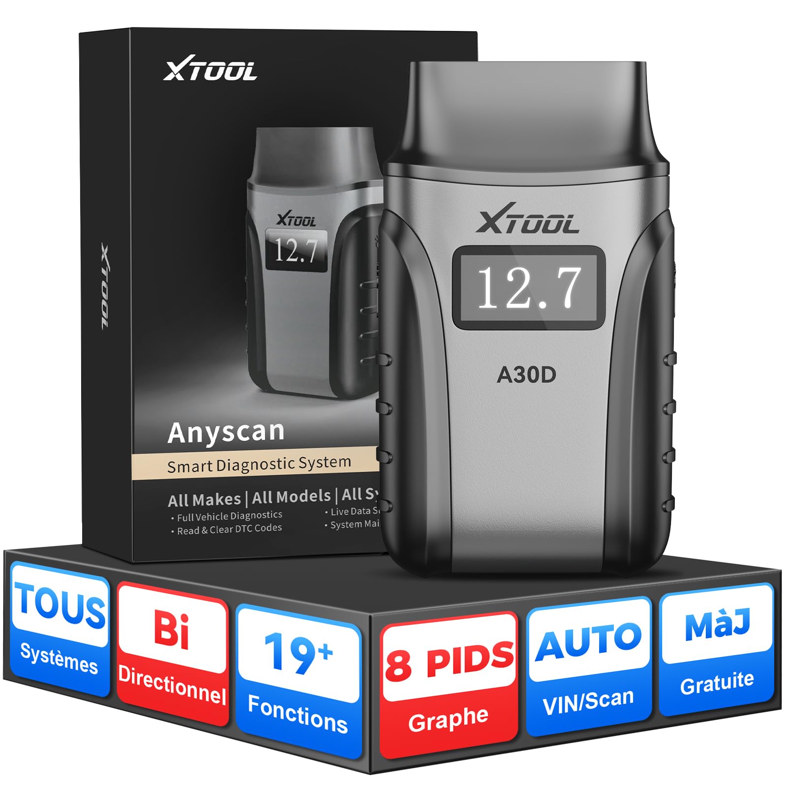 XTOOL A30D OBD2 Valise Diagnostic Auto BT, 2026 Lecteur OBD2 Voiture Français, 19+ Réinitialisations, Test Actif, Diagnostic Tous Systèmes, Can FD, Mises à Jour à Vie, Anglais par Défaut