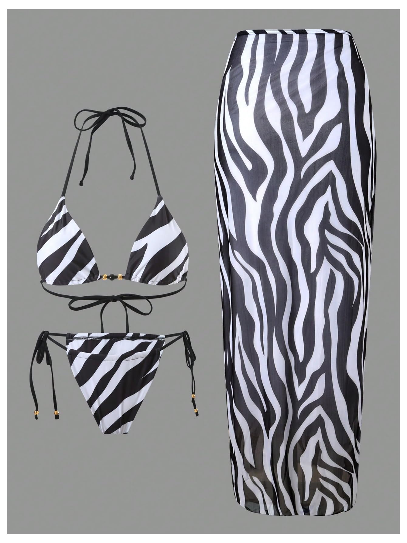 Damski 3-częściowy zestaw bikini w paski zebra wiązany na szyi trójkątny strój kąpielowy ze spódnicami okrycia czarno-białe M
